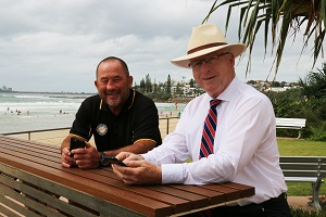 Mayor Mark Jamieson and Ashley Robinson test out the new wifi at Alex