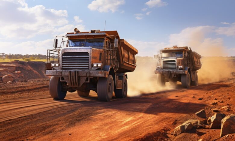 Two diesel-electric trucks used in modern mines and quarries for hauling industrial quantities of ore or coal. Used when extra torque is needed for steep hills. Queensland, Australia AI image