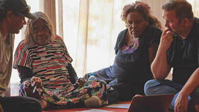 Members of the Wintjiri Wiru Working Group together with Voyages during the development of the experience. 4o