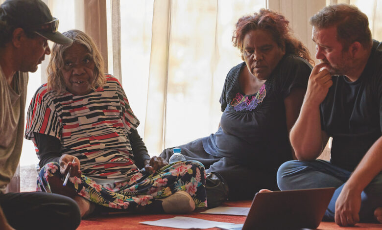 Members of the Wintjiri Wiru Working Group together with Voyages during the development of the experience. 4o