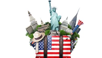 USA, vintage suitcase with American flag and landmarks