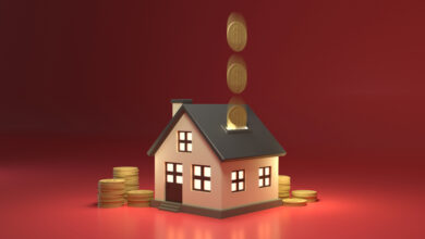 Real estate income, 3D Render of white house like piggy bank with coin stack. Red background. Airbnb or rent income concept