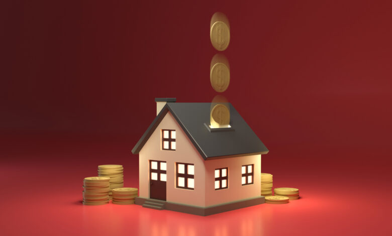 Real estate income, 3D Render of white house like piggy bank with coin stack. Red background. Airbnb or rent income concept
