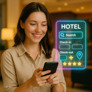 Image depicting a woman booking a hotel room, generating Hotel Data